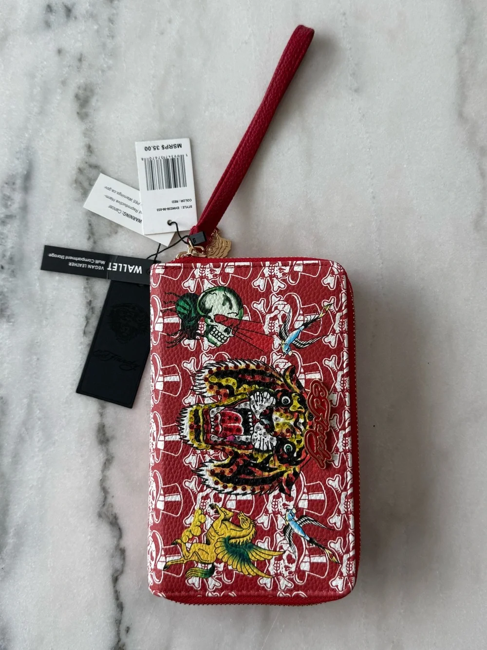 Ed Hardy NWT Tiger Tattoo Zip Around Wristlet Wallet Red Vegan Leather Y2K